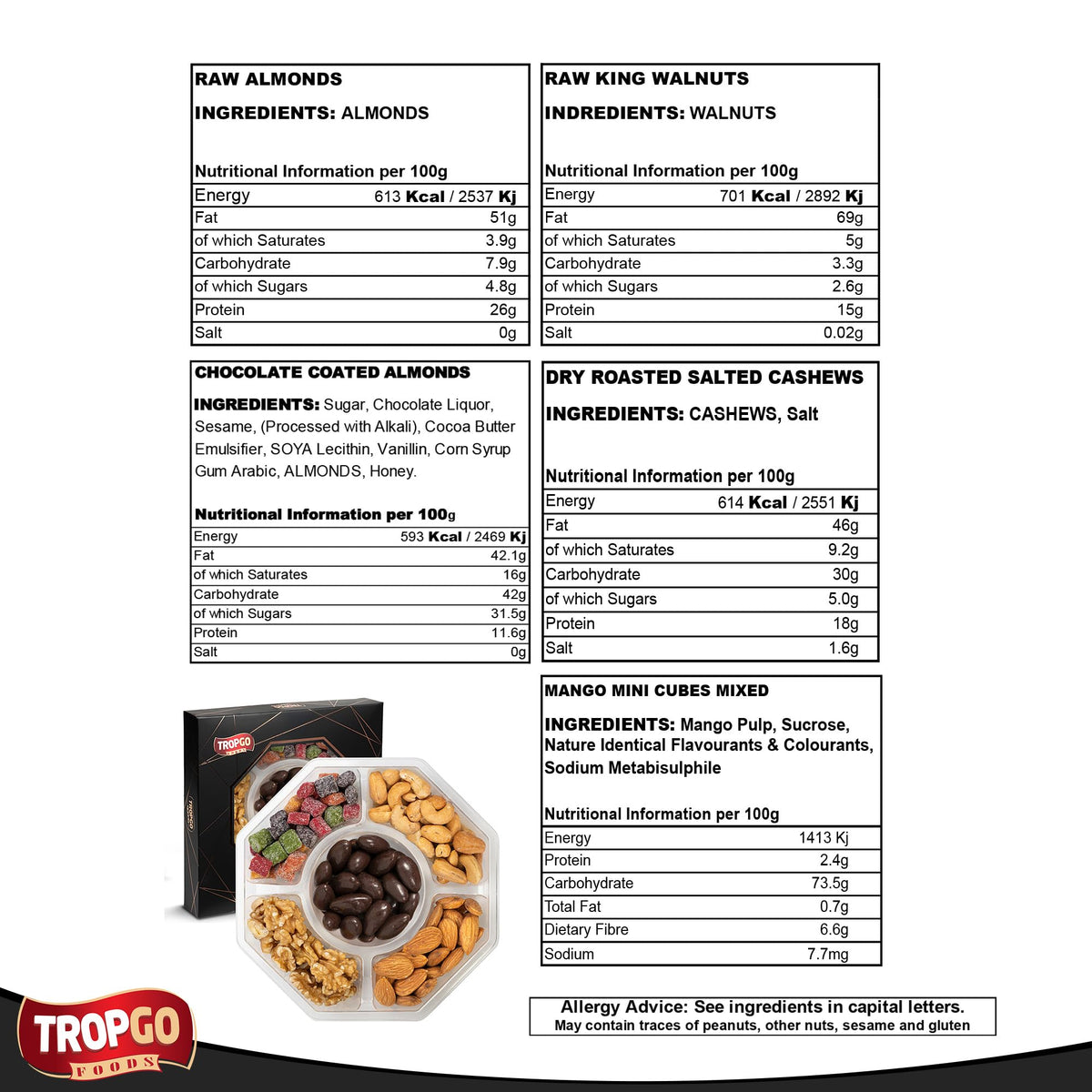 Tropgo 5 Sections Nuts and Sweets Gift Box - Gourmet Snack Box with Raw Walnuts, Raw Almonds, Mango Mini Cubes, Roasted Salted Cashews & Chocolate Almonds - Party Selection Gift Sets