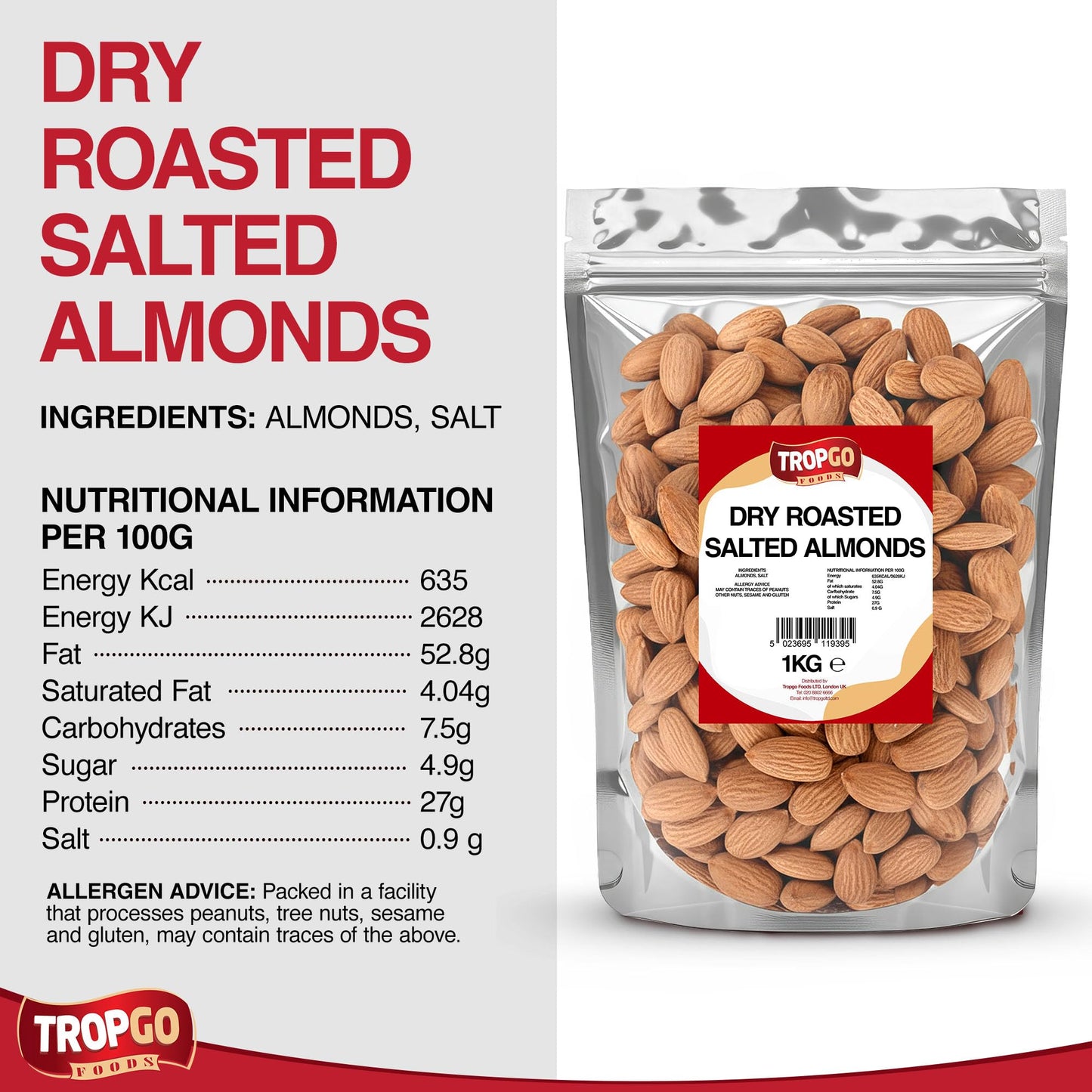Tropgo Roasted Salted Almonds 1kg - Packed Fresh, Salted Almond Nuts with Fibre, Protein, and Minerals, Perfect for Snacking - Kosher Approved, Large Almonds - Bulk Food Buy