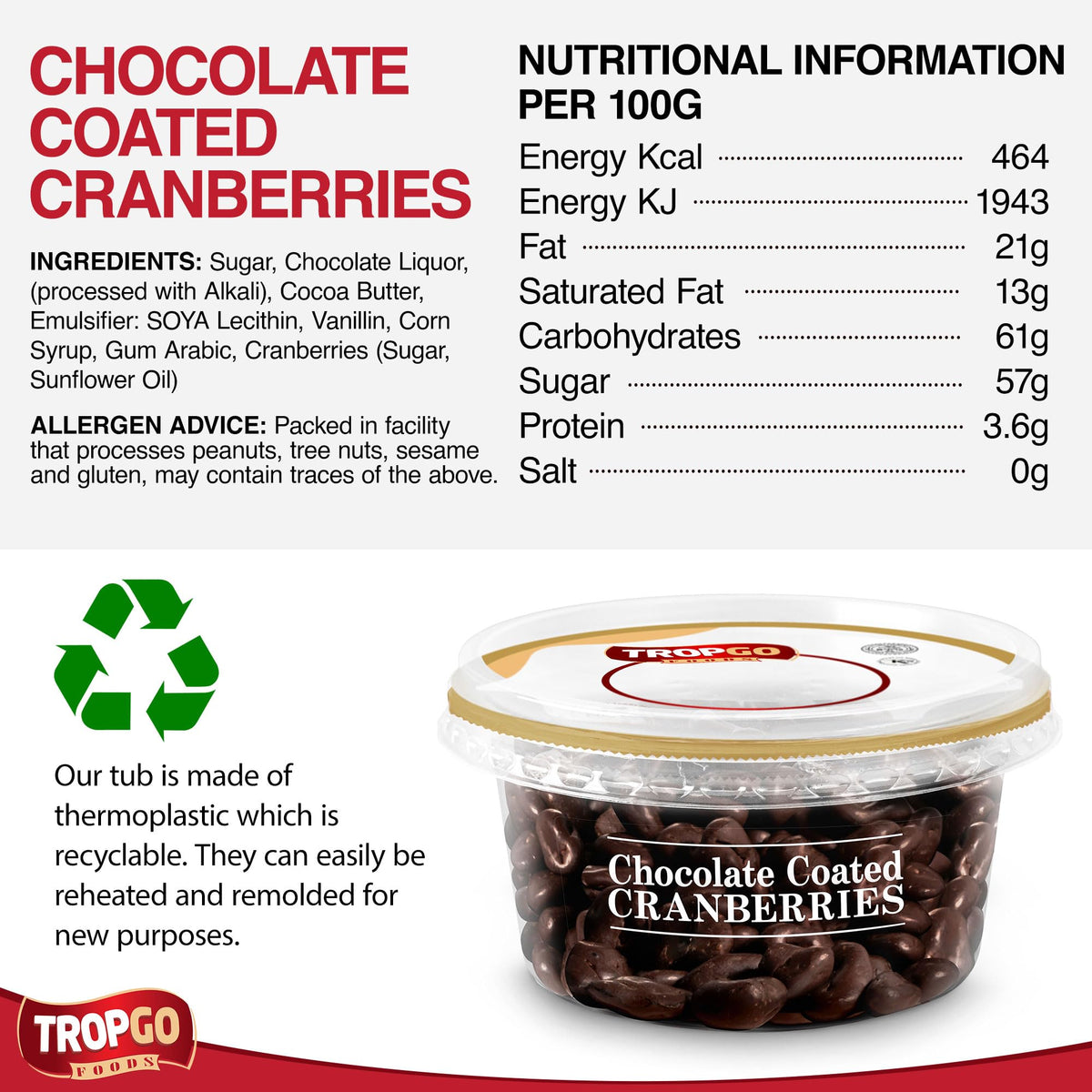 Tropgo Chocolate Cranberries 150gm Chocolate Tub - Non-GMO Cranberries Coated in Dark Chocolates - Ready-to-Eat Choco Snacks