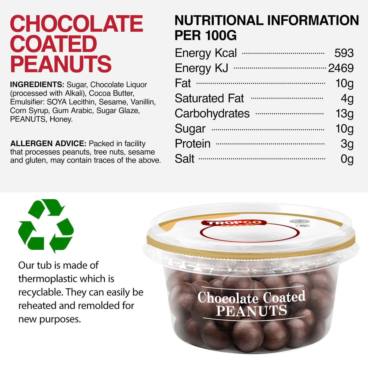 Tropgo Chocolate Peanuts 150g Chocolate Tub - Non-GMO Peanuts Coated in Dark Chocolates - Ready-to-Eat Choco Snacks