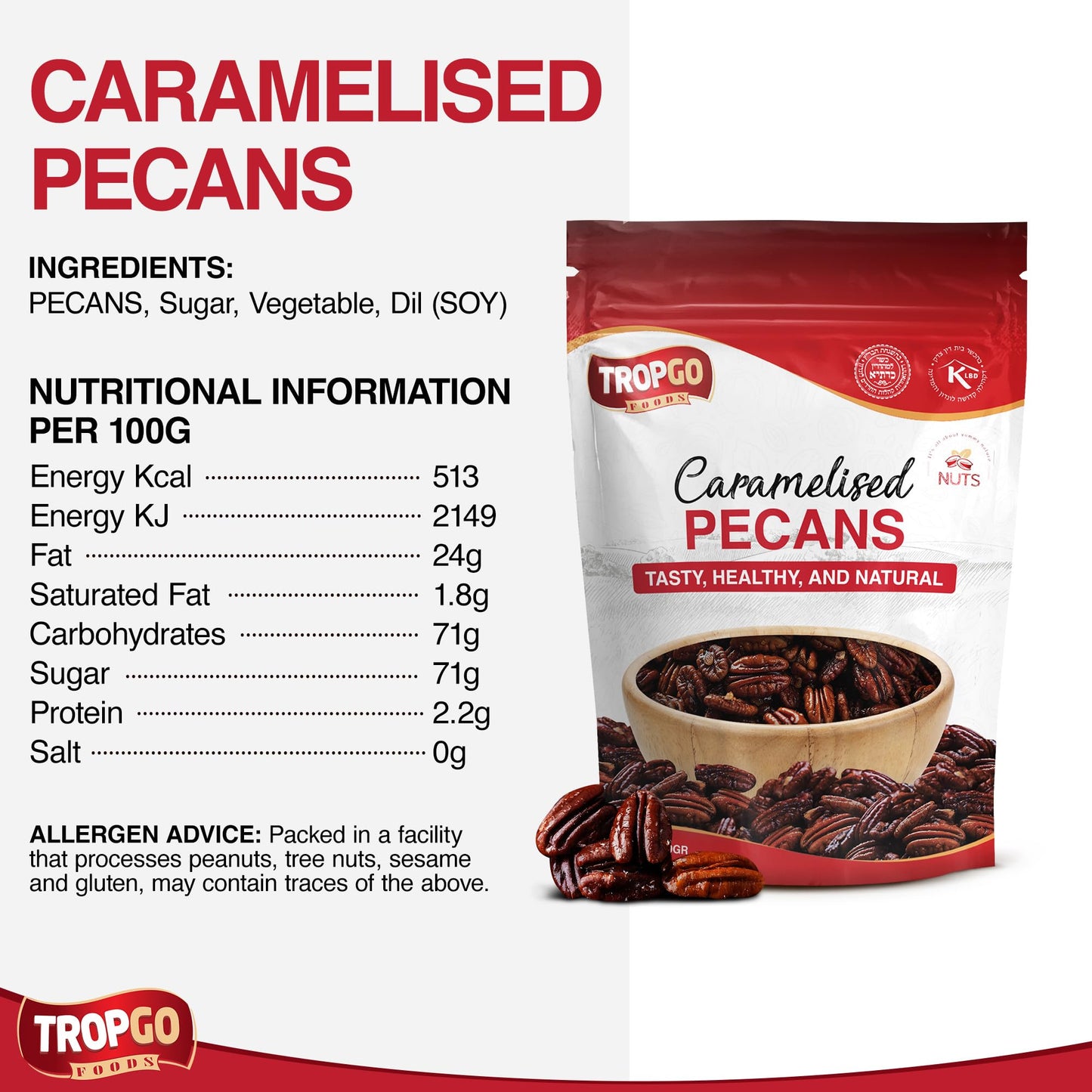 Tropgo Caramelised Pecans 100g Resealable Bag – Crunchy Glazed Nuts with Sweet Golden Coating – Pecan Nuts for Snacking, Baking & Salad Topping - Gifting Choice for Hampers or Celebrations