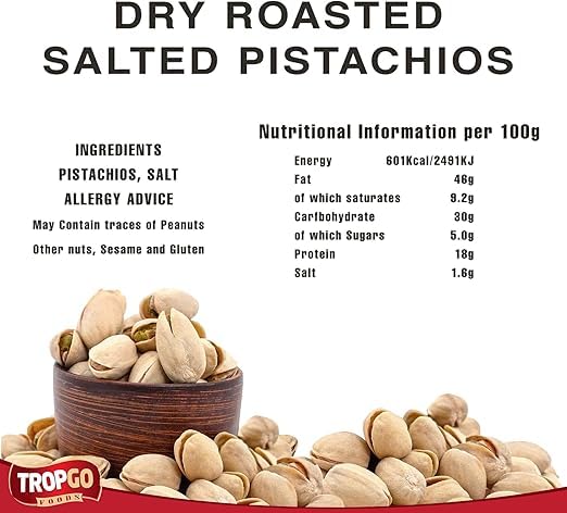 Tropgo Roasted Salted Pistachios 5kg Bulk Pack – Premium Whole Pistachio Nuts – Fresh, Crunchy, Lightly Salted – Ideal for Snacking, Baking, Cooking & Foodservice