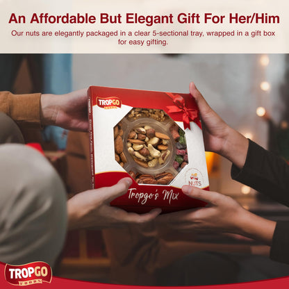 Tropgo 5 Sections Mixed Nuts Gift Set – Delicious Almonds, Walnuts, Cashews, Sweet Mango Cubes & Raw Pecans Mixed Nuts Snacks – Red Congratulations Card Snack Box