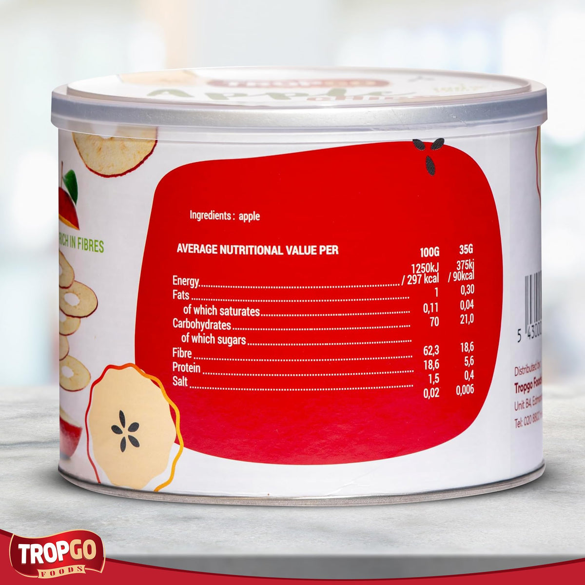 Tropgo - Belgium Apple Chips - 100% Fruit - Natural Healthy Snack - Fresh Red Apple Crisps 35gr - Recyclable Tin Fresh Lock Seal