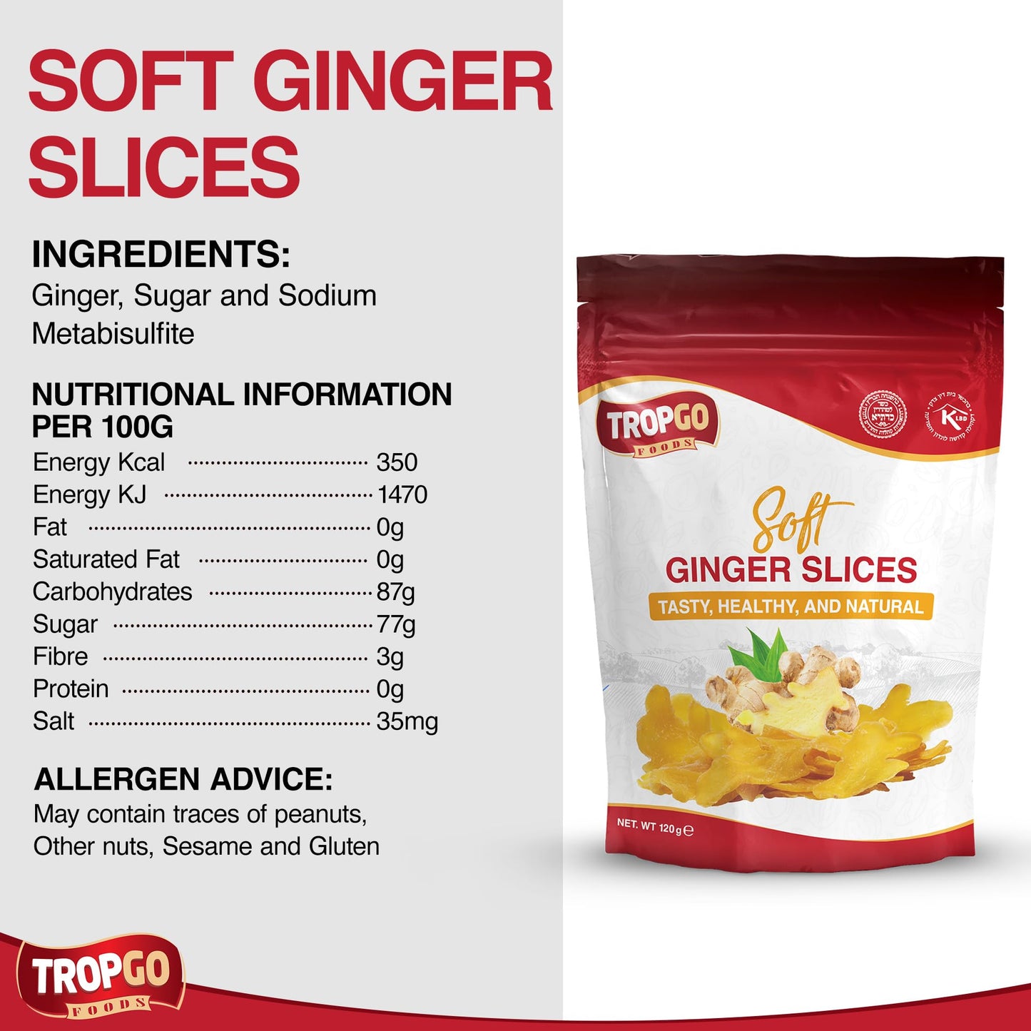 Tropgo Soft Ginger Slices 120g, Sweet & Fiery Chewy Ginger Snack - Parent
