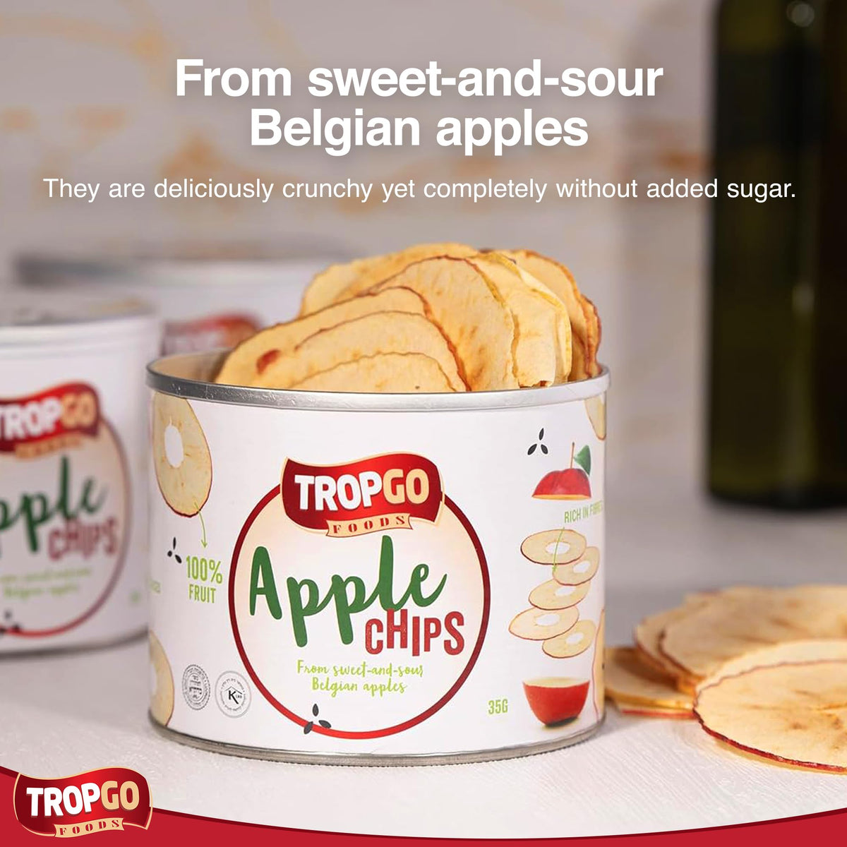 Tropgo - Belgium Apple Chips - 100% Fruit - Natural Healthy Snack - Fresh Red Apple Crisps 35gr - Recyclable Tin Fresh Lock Seal