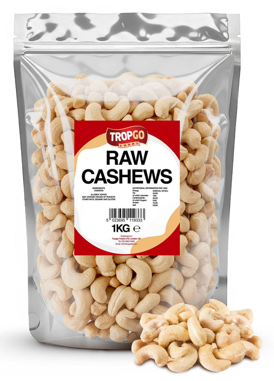 Tropgo 1kg Raw Cashew Nuts - Large & Tasty Cashews - Packed Fresh Premium Quality Cashew Nut - Healthy for the Heart, High in Fibre & Minerals - Perfect for Snacking