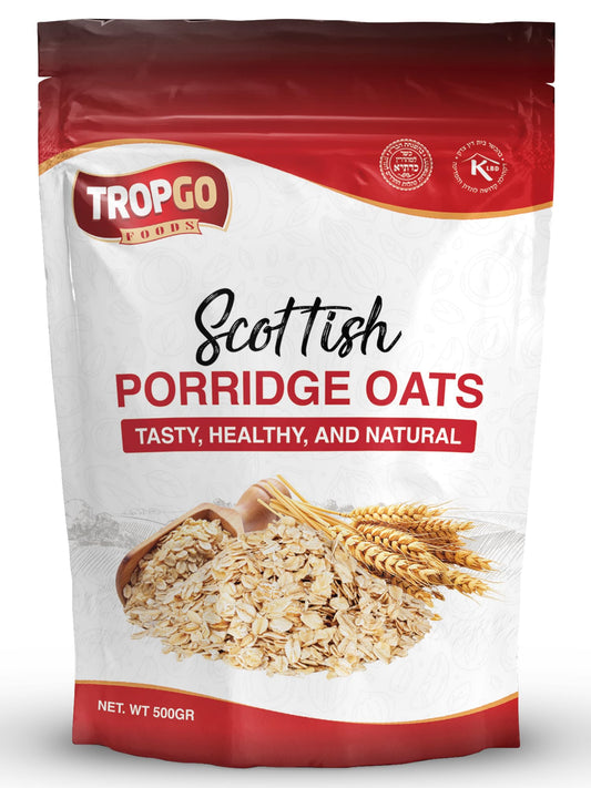 Tropgo Scottish Porridge Oats 500g – Whole Grain Rolled Oats for Hot Cereal, Baking & Smoothies – Non-GMO, Kosher, Vegan, Natural Breakfast Option