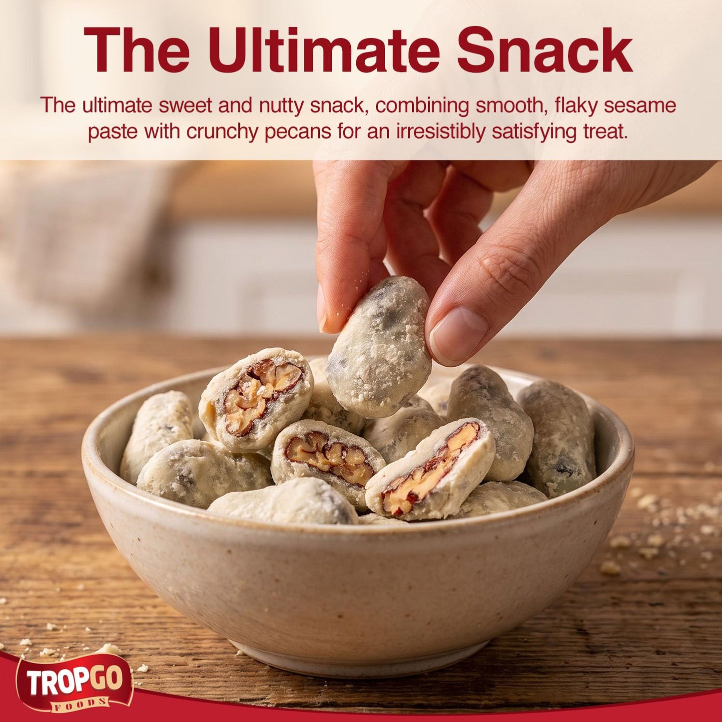 Tropgo Halva Coated Pecans 120g - Sweet Sesame Crunch & Buttery Pecan Nuts - Coated Nuts Snack with Natural Ingredients - Kosher, Non-GMO, Protein-Rich Treat