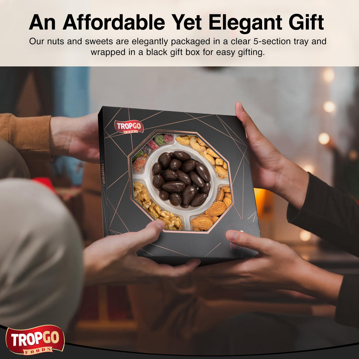 Tropgo 5 Sections Nuts and Sweets Gift Box - Gourmet Snack Box with Raw Walnuts, Raw Almonds, Mango Mini Cubes, Roasted Salted Cashews & Chocolate Almonds - Party Selection Gift Sets