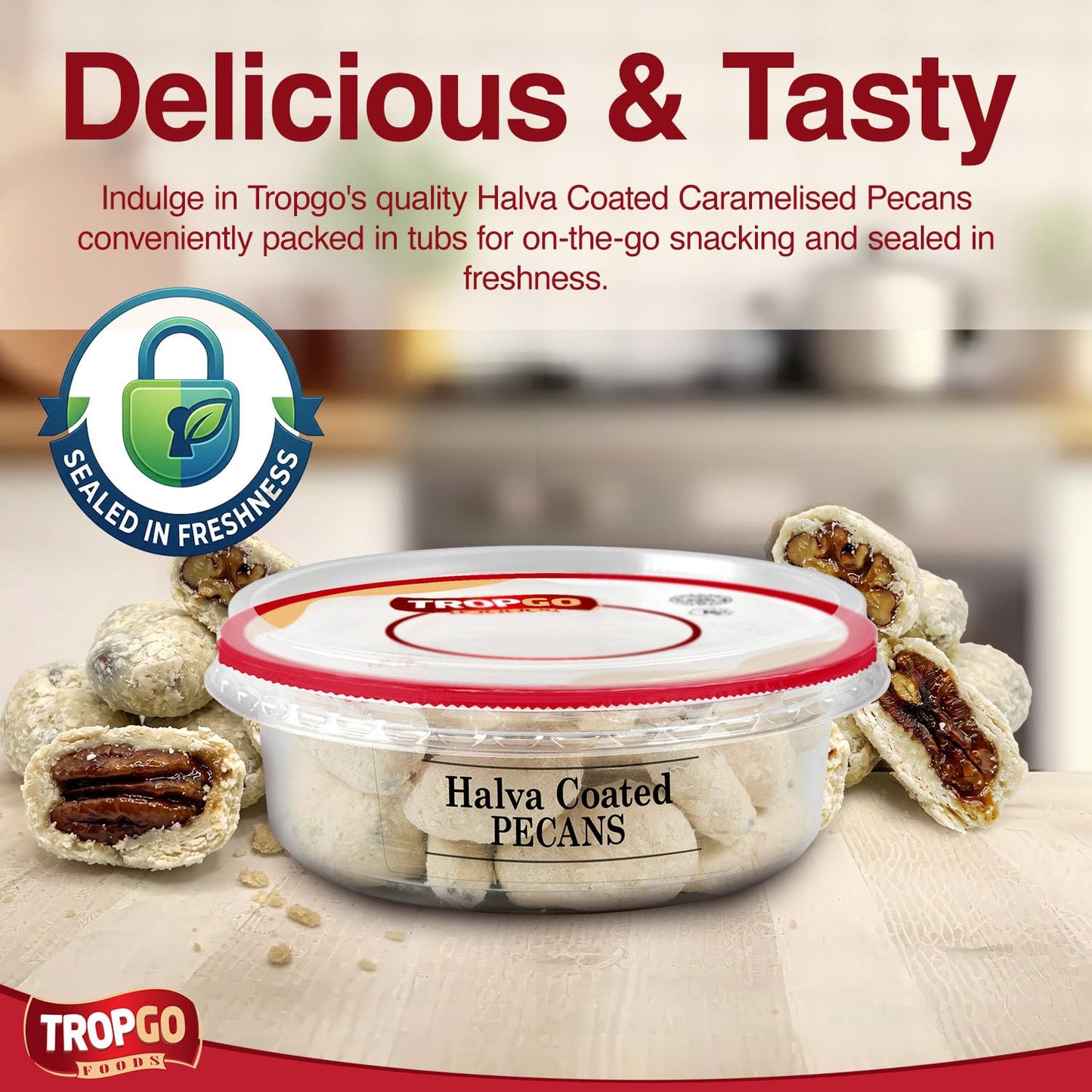 Tropgo Halva Coated Pecans 120g - Sweet Sesame Crunch & Buttery Pecan Nuts - Coated Nuts Snack with Natural Ingredients - Kosher, Non-GMO, Protein-Rich Treat