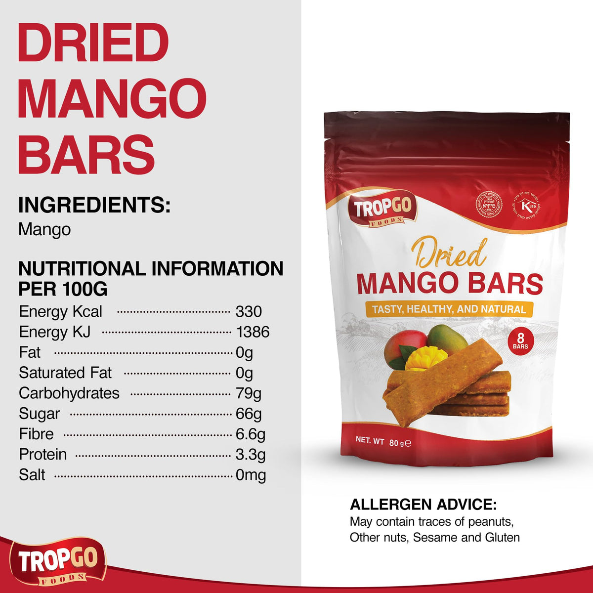 Tropgo Dried Mango Bars - 8 Bars – Healthy Fruit Snack Made from 100% Mango - Parent