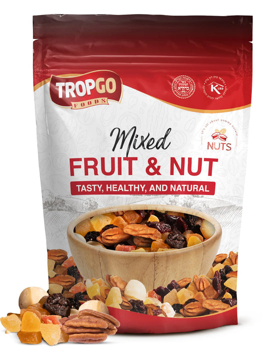 Tropgo Mixed Fruit & Nut Resealable Bag – Diced Mango, Pineapple & Papaya, Macadamia Nuts, Cranberries, Pecans – Healthy Snack for Work, School, Gym, Lunchboxes, Travel, Cupboards
