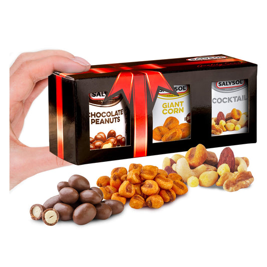 Salysol 3 Pack Mini Can Snack Variety – BBQ Giant Corn 30g, Chocolate Peanuts 50g, Spicy BBQ Cocktail 50g – Gift Box Snack Set for Men and Women