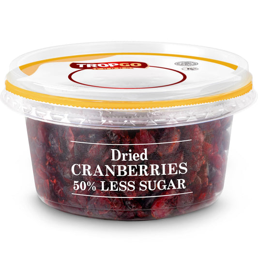 Tropgo Dried Cranberries 50% Less Sugar 190g - Dried Fruit in Resealable and Recyclable Tub - Quick Energy Boost & Wholesome Trail Mix - Ready-to-Eat Dehydrated Fruit Snacks for Kids and Adults