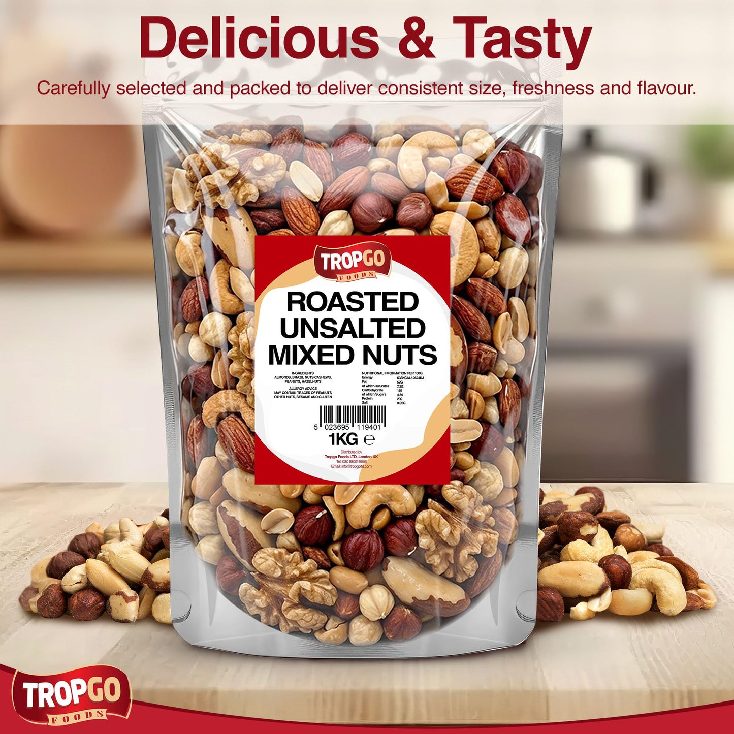 Tropgo Roasted Unsalted Mixed Nuts 1kg - Dry Roasted, No Oil Used, Nut Snacks with Fibre, Protein and Minerals - Perfect for Snacking, Includes Almonds, Brazil, Cashews, Peanuts, & Hazelnuts