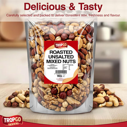 Tropgo Roasted Unsalted Mixed Nuts 1kg - Dry Roasted, No Oil Used, Nut Snacks with Fibre, Protein and Minerals - Perfect for Snacking, Includes Almonds, Brazil, Cashews, Peanuts, & Hazelnuts