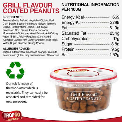 Tropgo Grill Flavour Coated Peanuts 150g - Crunchy Roasted Peanuts with Savoury BBQ Seasoning - Bold & Smoky Snack in Resealable Tub for Freshness - Ideal for Parties, Game and Movie Nights