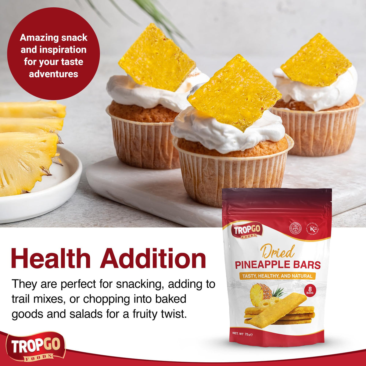 Tropgo 100% Dried Pineapple Bars - 8 Bars, Natural Fruit Snack - Parent