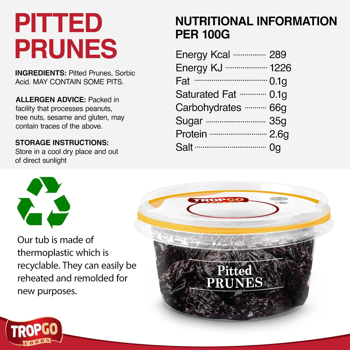 Pitted Prunes - Dried Fruit in Resealable and Recyclable Tub - Parent