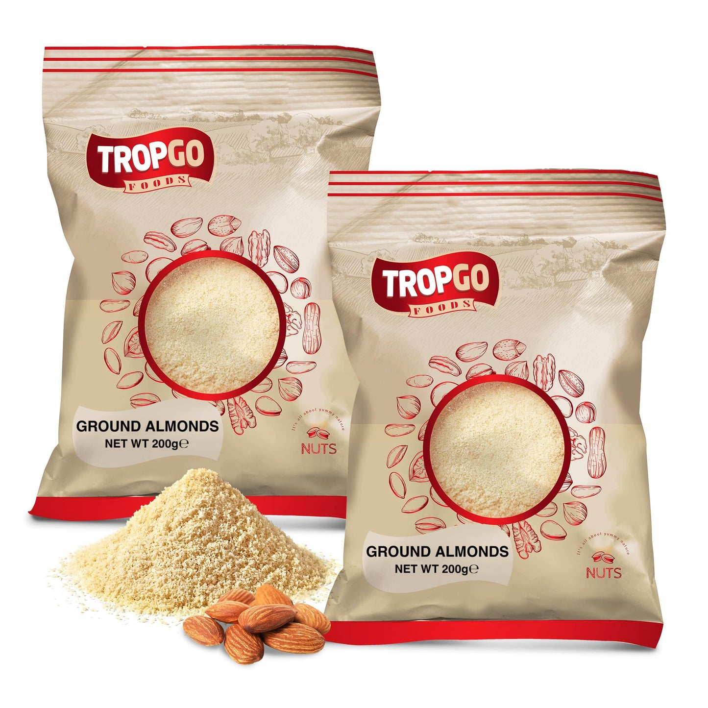 Tropgo Ground Almonds 2 x 200g - Premium Almonds in Resealable Bag - Healthy Snacks with Fibre, Protein, and Minerals - Kosher Almonds Ideal for Cooking & Baking