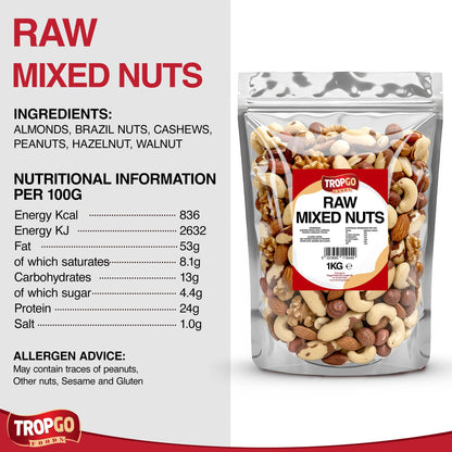 Tropgo Raw Mixed Nuts - 1kg Nut Snacks - Packed Fresh, Healthy Jumbo Nuts with Fibre, Protein, and Minerals - Perfect Snacking - Includes Almonds, Brazil Nuts, Cashews, Peanuts, Walnuts & Hazelnuts