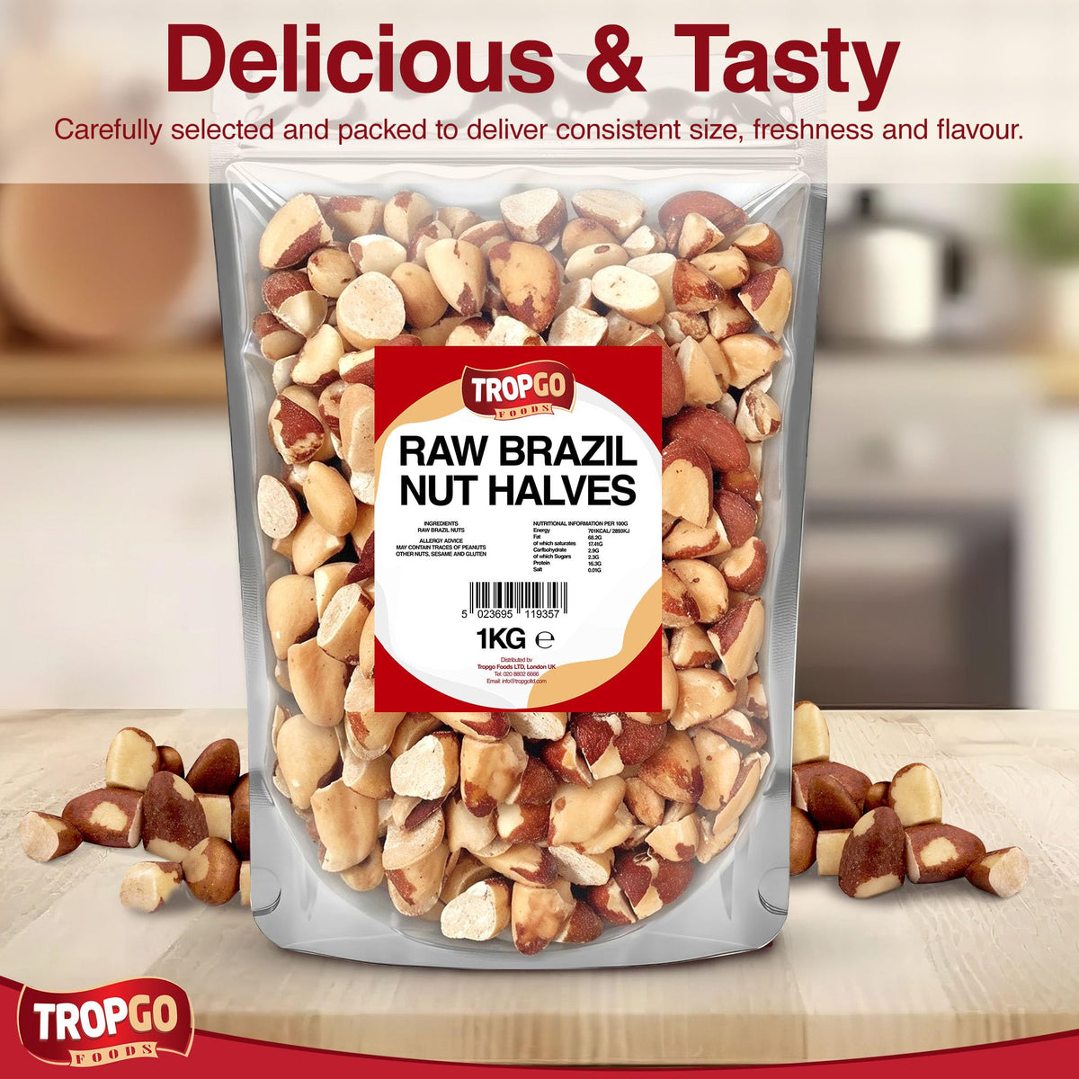 Tropgo Raw Brazil Nut Halves 1kg - Packed Fresh, 100% Natural Brazilian Nuts with Fibre, Protein, and Minerals, Perfect for Snacking - Kosher Nuts - Bulk Brazil Nuts