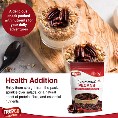 Tropgo Caramelised Pecans 100g Resealable Bag – Crunchy Glazed Nuts with Sweet Golden Coating – Pecan Nuts for Snacking, Baking & Salad Topping - Gifting Choice for Hampers or Celebrations