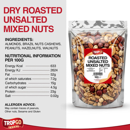 Tropgo Roasted Unsalted Mixed Nuts 1kg - Dry Roasted, No Oil Used, Nut Snacks with Fibre, Protein and Minerals - Perfect for Snacking, Includes Almonds, Brazil, Cashews, Peanuts, & Hazelnuts