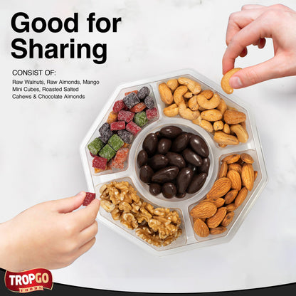 Tropgo 5 Sections Nuts and Sweets Gift Box - Gourmet Snack Box with Raw Walnuts, Raw Almonds, Mango Mini Cubes, Roasted Salted Cashews & Chocolate Almonds - Party Selection Gift Sets