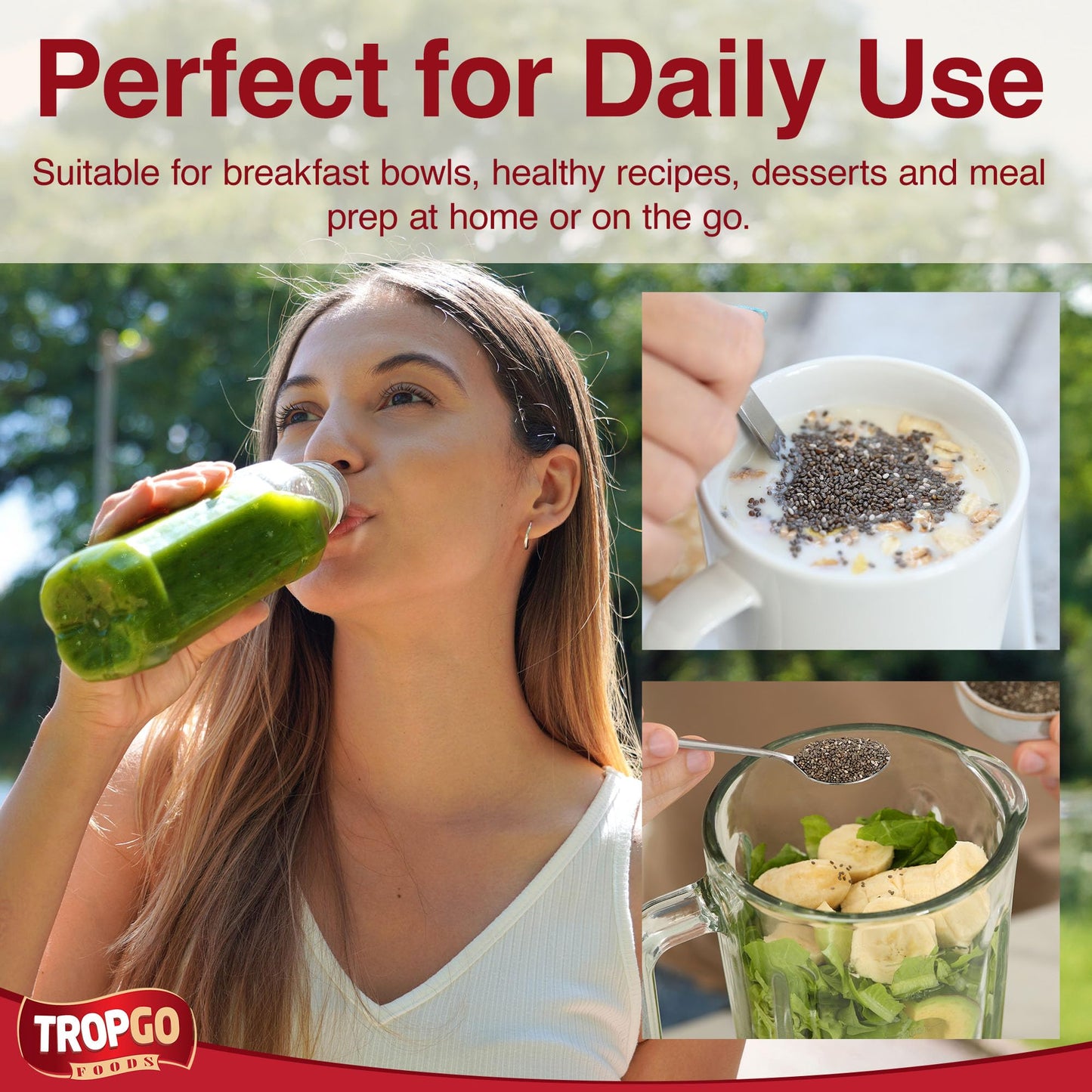 Tropgo Chia Seeds 1kg - Natural Superfood, High Fibre, Omega 3 Rich, Plant-Based Protein for Healthy Kids Smoothies, Baking, Breakfast & Toppings - Health Food Versatile Ingredient