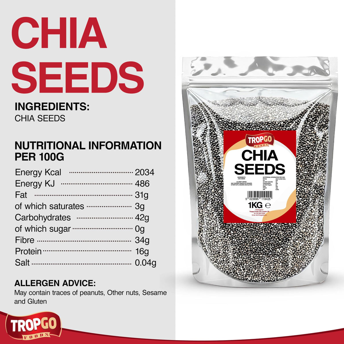 Tropgo Chia Seeds 1kg - Natural Superfood, High Fibre, Omega 3 Rich, Plant-Based Protein for Healthy Kids Smoothies, Baking, Breakfast & Toppings - Health Food Versatile Ingredient
