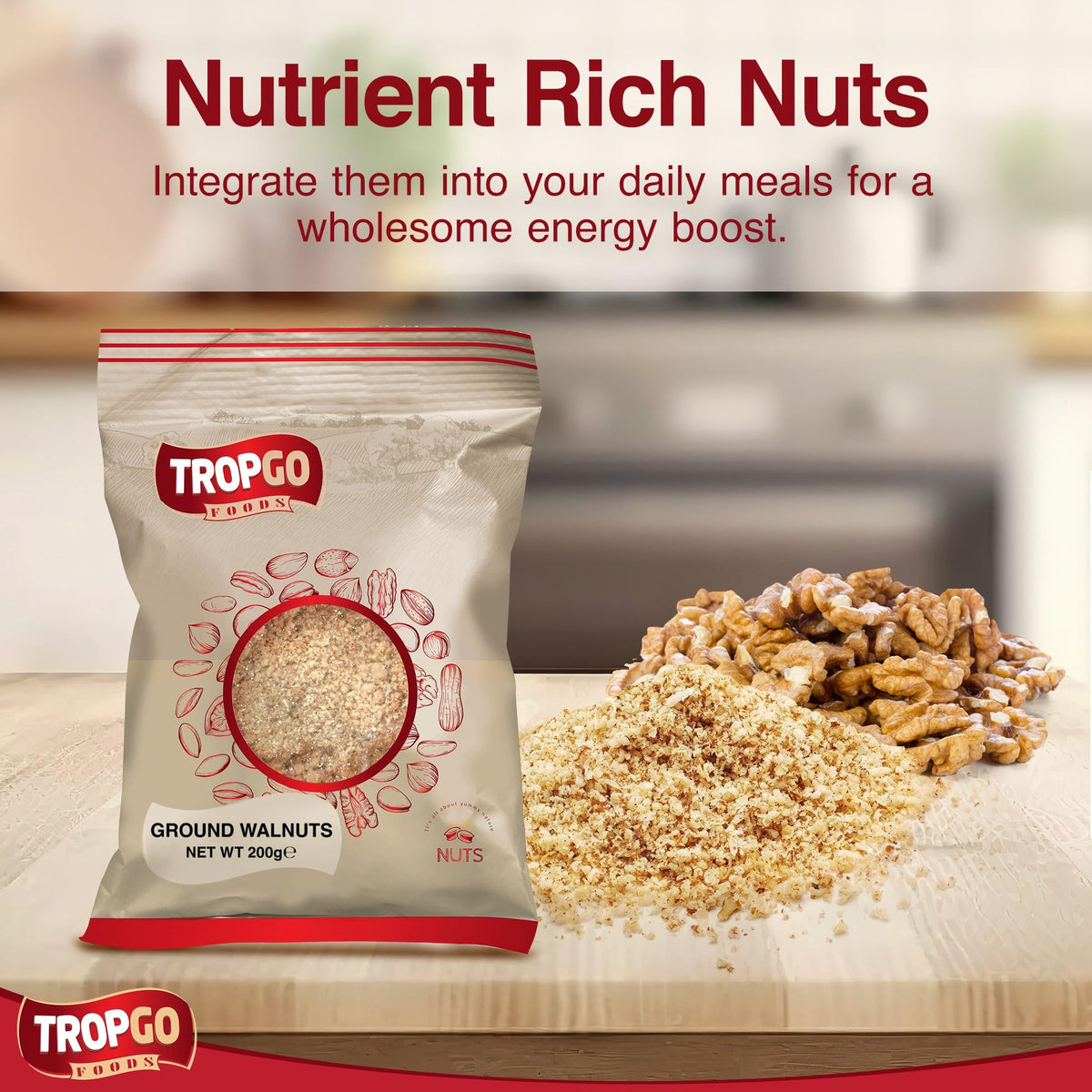 Tropgo Ground Walnuts 2 x 200g - Premium Walnuts in Resealable Bag - Healthy Snacks with Fibre, Protein, and Minerals - Kosher, Ideal for Cooking & Baking