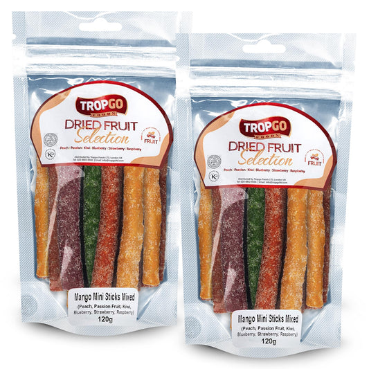 Tropgo Fruity Chewy Mini Sticks - Pack of 2 | Sugar-Coated Fruit-Flavoured Snack | Peach, Passion Fruit, Kiwi, Blueberry, Strawberry & Raspberry | 120g