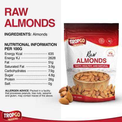 Tropgo Raw Almonds 170g – Whole Natural Non-GMO Unsalted Nuts for Snacking, Baking and Cooking - Delicious, Plant-Based Protein - Almond Nuts in Resealable Bag