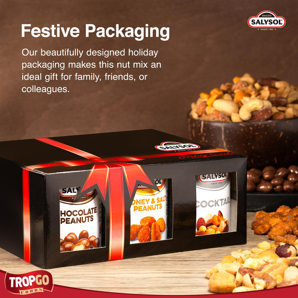 Salysol Snacks Nuts – Chocolate Peanuts, Honey Peanuts, Spicy Cocktail 6 x 50g – Chocolate Gift Box – Delicious Pure Natural Nuts – Thoughtful Gift Sets for Him and Her