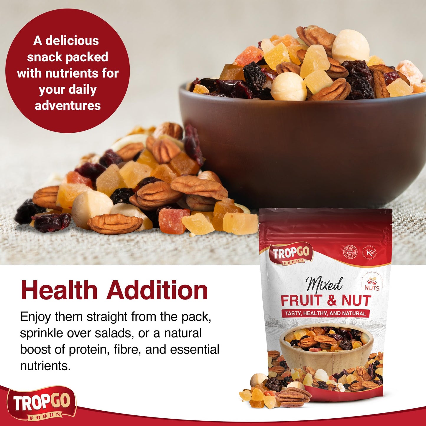 Tropgo Mixed Fruit & Nut Resealable Bag – Diced Mango, Pineapple & Papaya, Macadamia Nuts, Cranberries, Pecans – Healthy Snack for Work, School, Gym, Lunchboxes, Travel, Cupboards