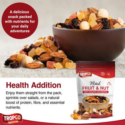 Tropgo Mixed Fruit & Nut Resealable Bag – Diced Mango, Pineapple & Papaya, Macadamia Nuts, Cranberries, Pecans – Healthy Snack for Work, School, Gym, Lunchboxes, Travel, Cupboards