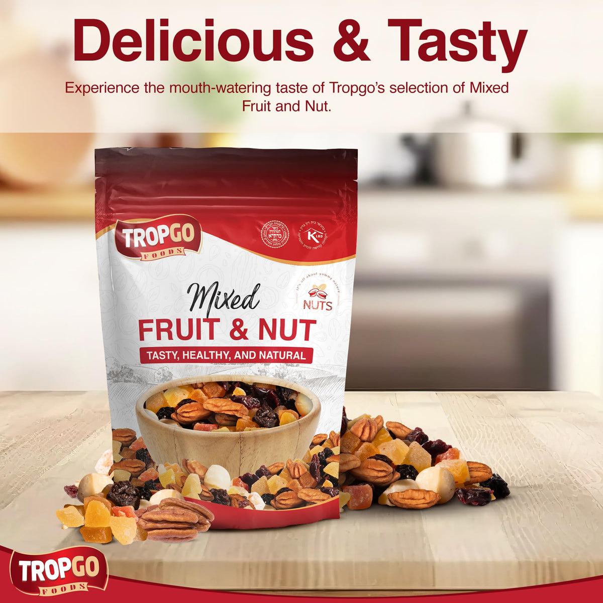 Tropgo Mixed Fruit & Nut Resealable Bag – Diced Mango, Pineapple & Papaya, Macadamia Nuts, Cranberries, Pecans – Healthy Snack for Work, School, Gym, Lunchboxes, Travel, Cupboards