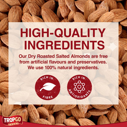 Tropgo Roasted Salted Almonds 1kg - Packed Fresh, Salted Almond Nuts with Fibre, Protein, and Minerals, Perfect for Snacking - Kosher Approved, Large Almonds - Bulk Food Buy
