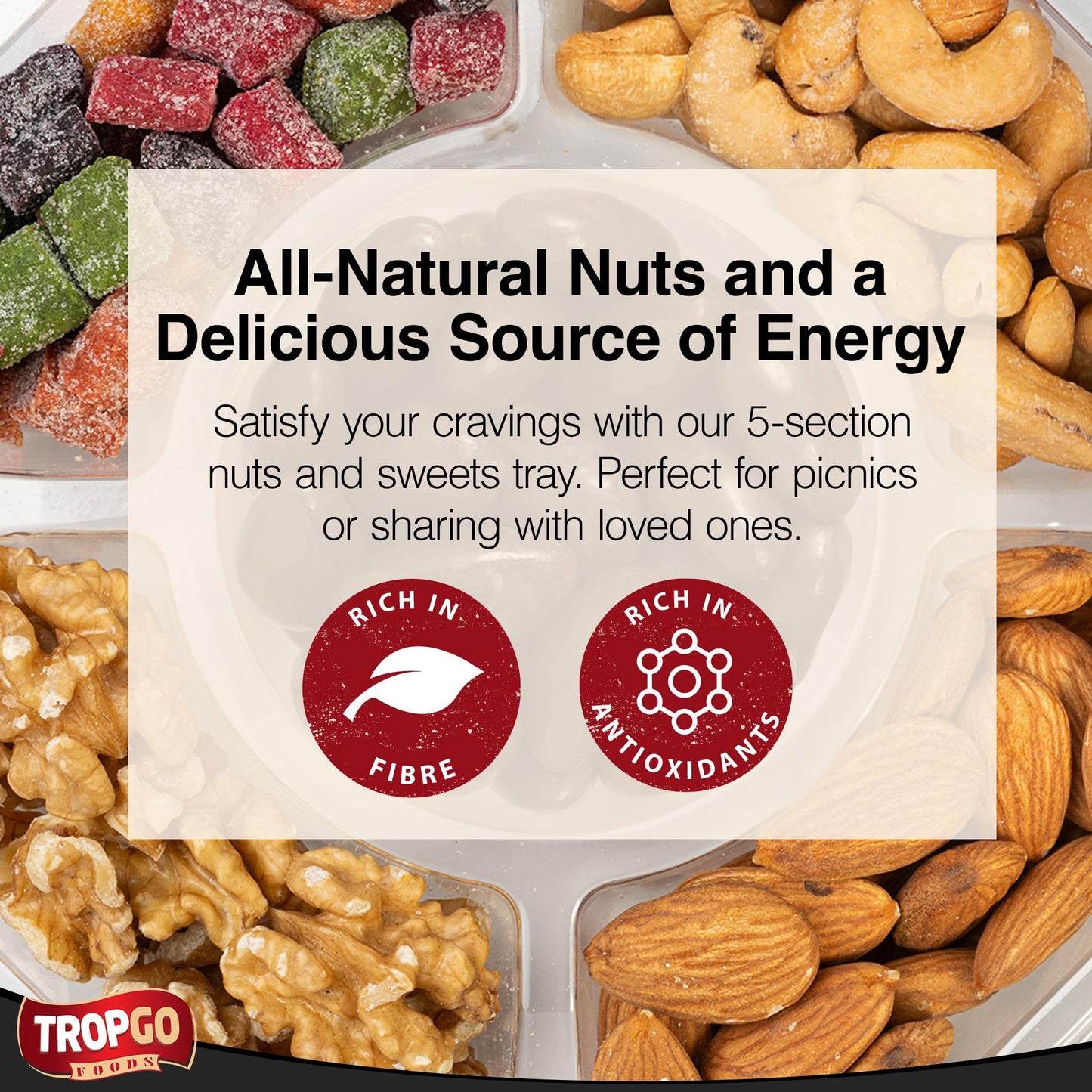 Tropgo 5 Sections Nuts and Sweets Gift Box - Gourmet Snack Box with Raw Walnuts, Raw Almonds, Mango Mini Cubes, Roasted Salted Cashews & Chocolate Almonds - Party Selection Gift Sets