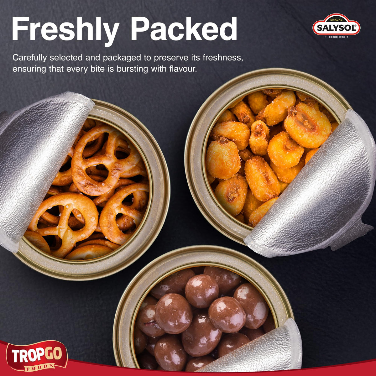 Salysol 3 Pack Mini Can Gift Snack Variety – Salted Pretzel 25g, BBQ Giant Corn 30g, Chocolate Peanuts 50g – Gift Box Snack Set for Men and Women