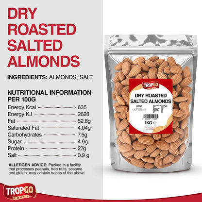 Tropgo Roasted Salted Almonds 1kg - Packed Fresh, Salted Almond Nuts with Fibre, Protein, and Minerals, Perfect for Snacking - Kosher Approved, Large Almonds - Bulk Food Buy