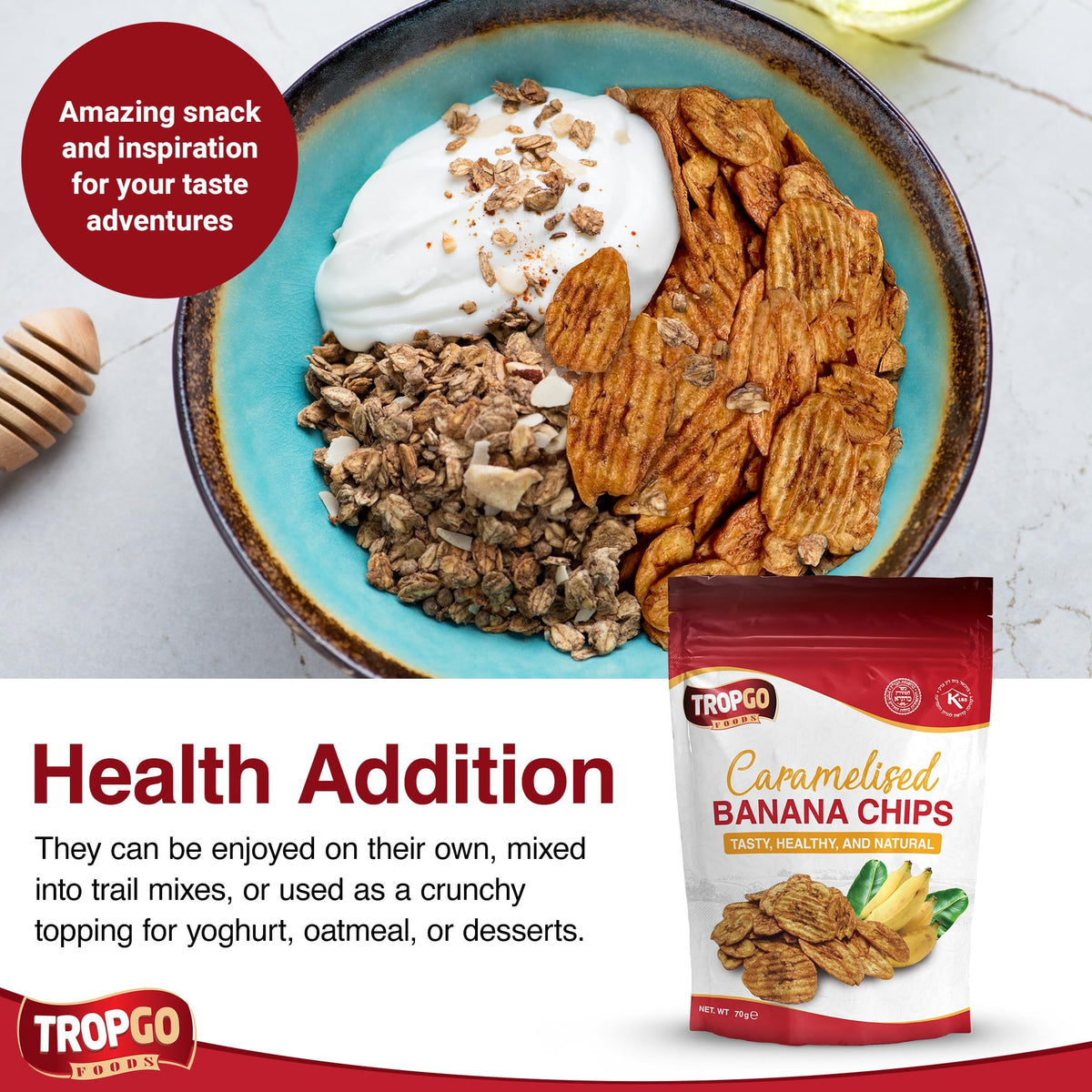 Tropgo Caramelised Banana Chips – Dried Fruit in a Resealable Bag - Parent