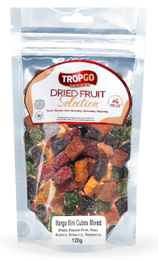 Tropgo Fruity Chewy Mini Cubes | Sugar-Coated Fruit-Flavoured Snack | Peach, Passion Fruit, Kiwi, Blueberry, Strawberry & Raspberry | 120g