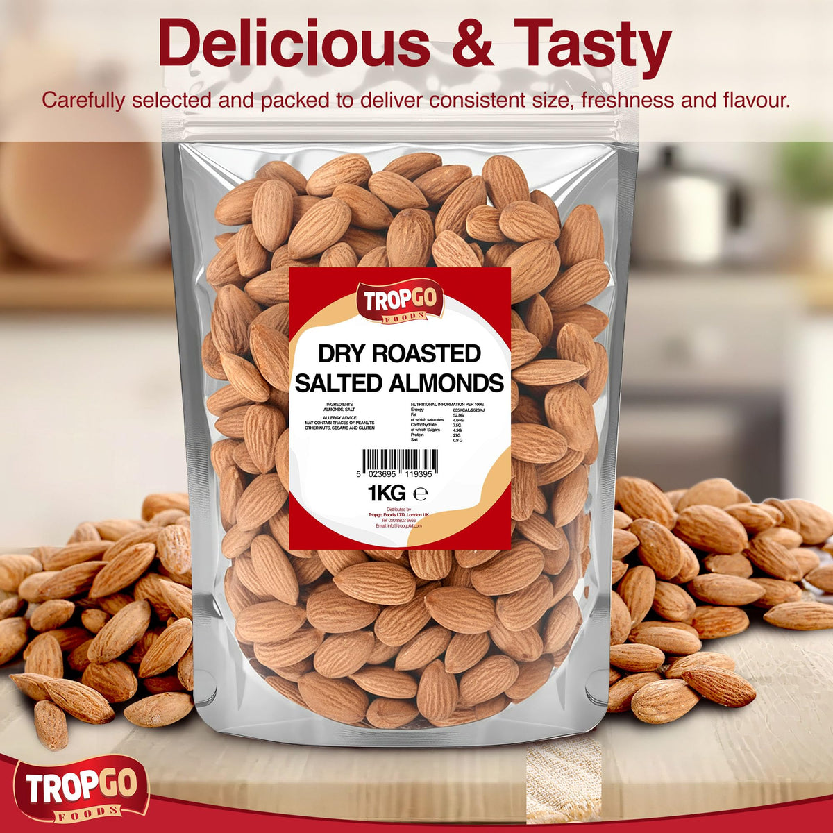 Tropgo Roasted Salted Almonds 1kg - Packed Fresh, Salted Almond Nuts with Fibre, Protein, and Minerals, Perfect for Snacking - Kosher Approved, Large Almonds - Bulk Food Buy