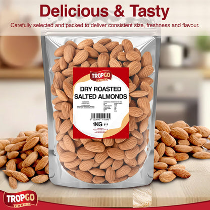 Tropgo Roasted Salted Almonds 1kg - Packed Fresh, Salted Almond Nuts with Fibre, Protein, and Minerals, Perfect for Snacking - Kosher Approved, Large Almonds - Bulk Food Buy