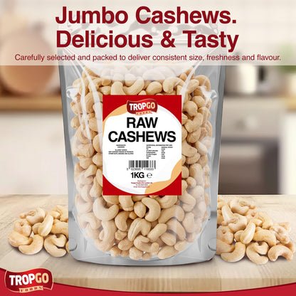 Tropgo 1kg Raw Cashew Nuts - Large & Tasty Cashews - Packed Fresh Premium Quality Cashew Nut - Healthy for the Heart, High in Fibre & Minerals - Perfect for Snacking