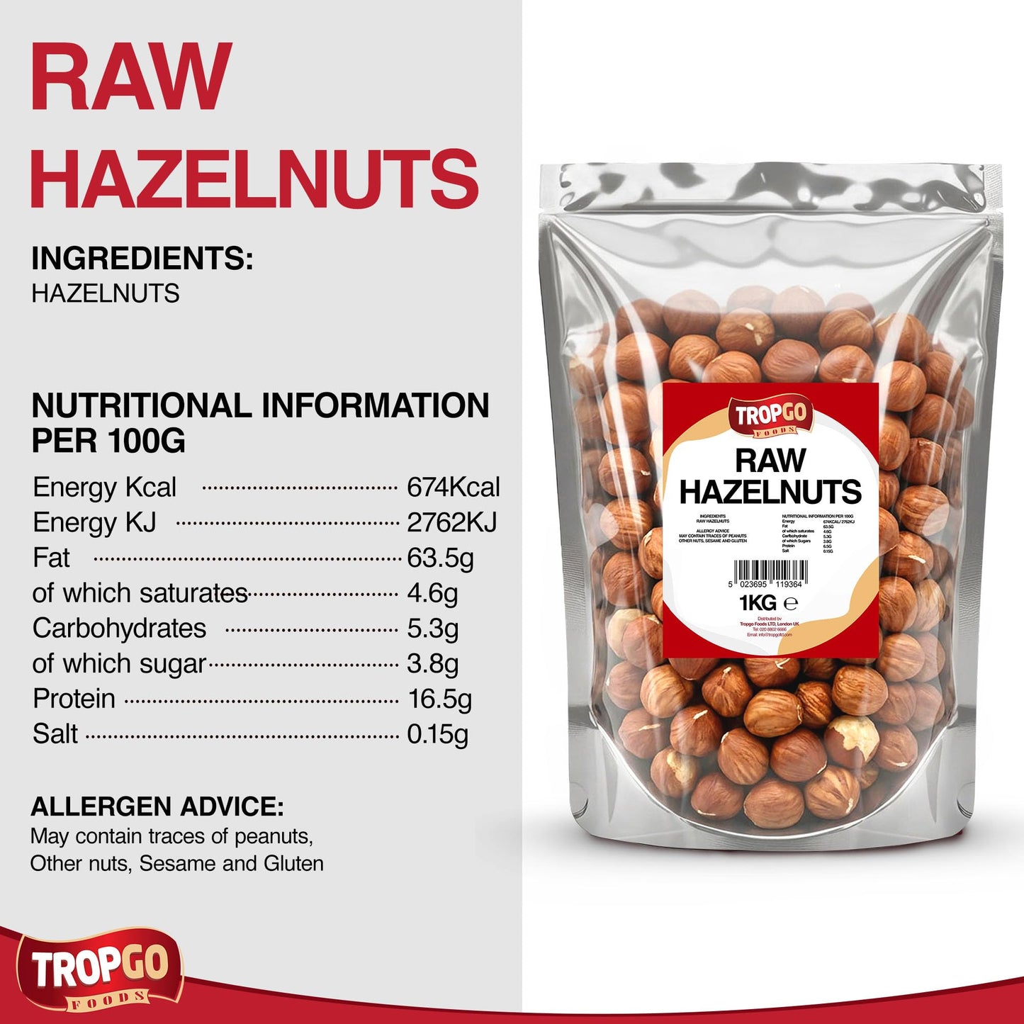 Tropgo Raw Hazelnuts 1kg - Packed Fresh Large Hazelnut - Premium Quality Nuts for a Healthy Heart, High in Fibre & Minerals - Perfect for Snacking