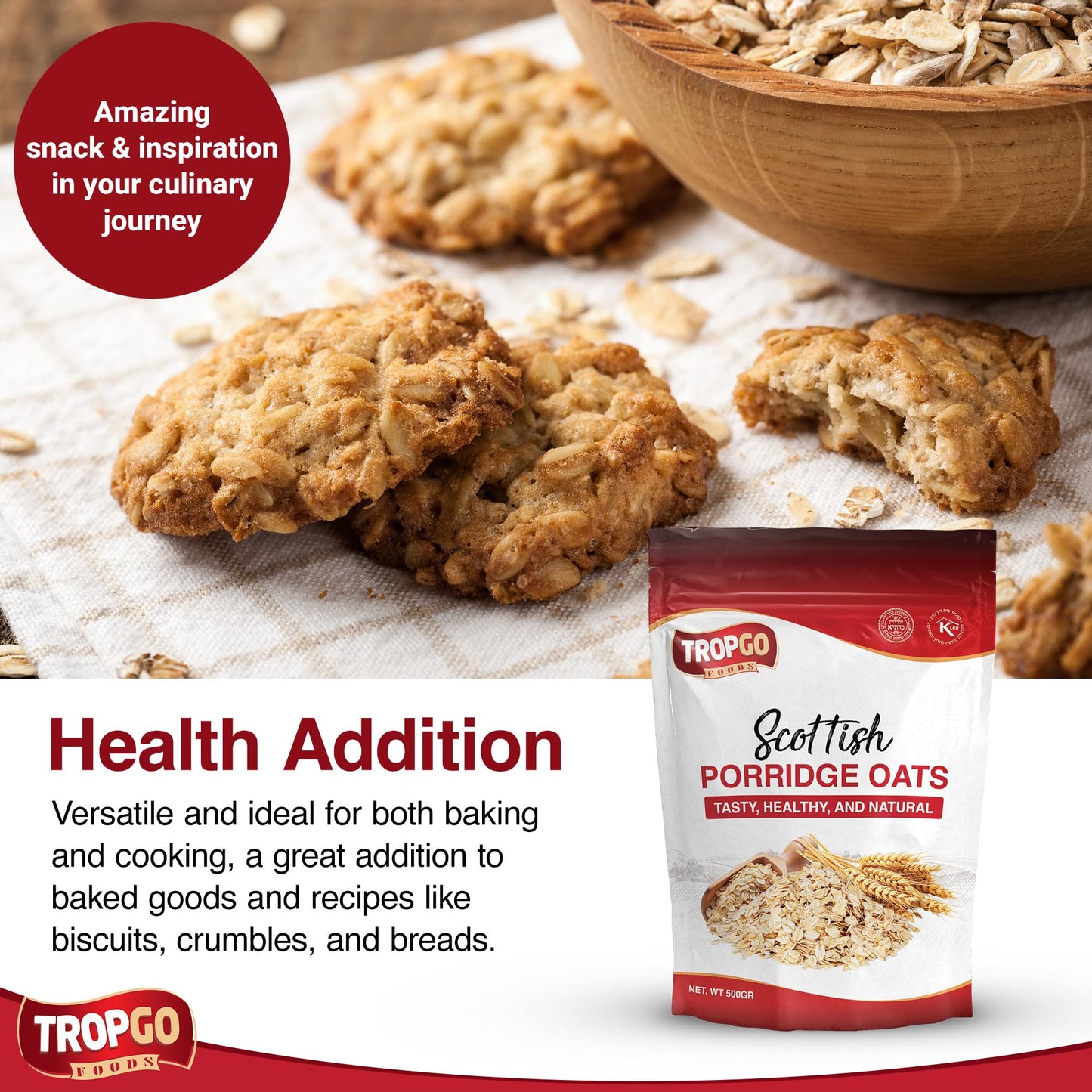 Tropgo Scottish Porridge Oats 500g – Whole Grain Rolled Oats for Hot Cereal, Baking & Smoothies – Non-GMO, Kosher, Vegan, Natural Breakfast Option
